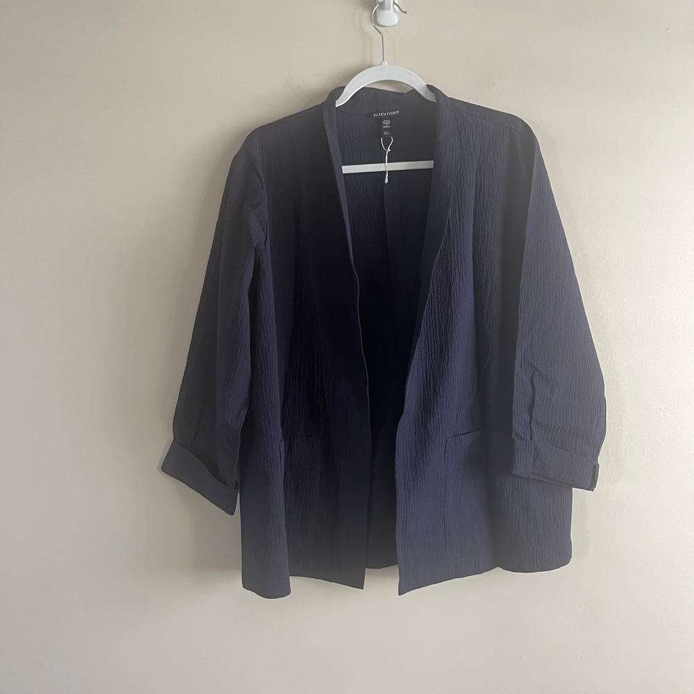 Eileen Fisher Organic Cotton Pucker Kimono Jacket Navy Size L Open Front